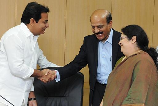Chairman NASSCOM B. V. R. Mohan Reddy is greeted by Minister for IT & Panchayat Raj K. T. Rama Rao before exchanging documents to enhance Engineering Ecosystem in Telangana; at the Secretariat in Hyderabad. Image Source