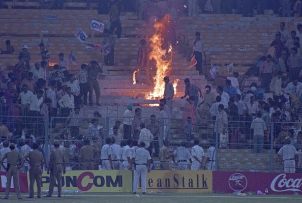 World Cup Semi Final India v Sri Lanka Calcutta 1996 Fire in stands lit by Indian spectators after the match 66627-23 (Photo by Patrick Eagar/Patrick Eagar via Getty Images)