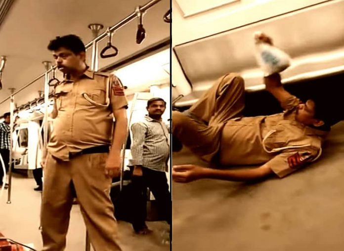 Delhi Police,Delhi Police viral video,Drunk police constable,Cop drunk in metro,Delhi Metro,Drunk Delhi policeman